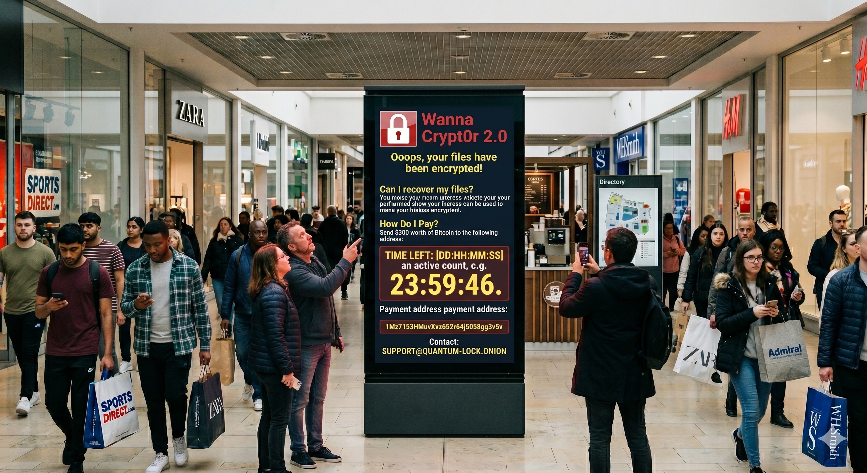 A digital advertising screen displaying a glitching, corrupted message instead of its intended content, illustrating an adversary's takeover