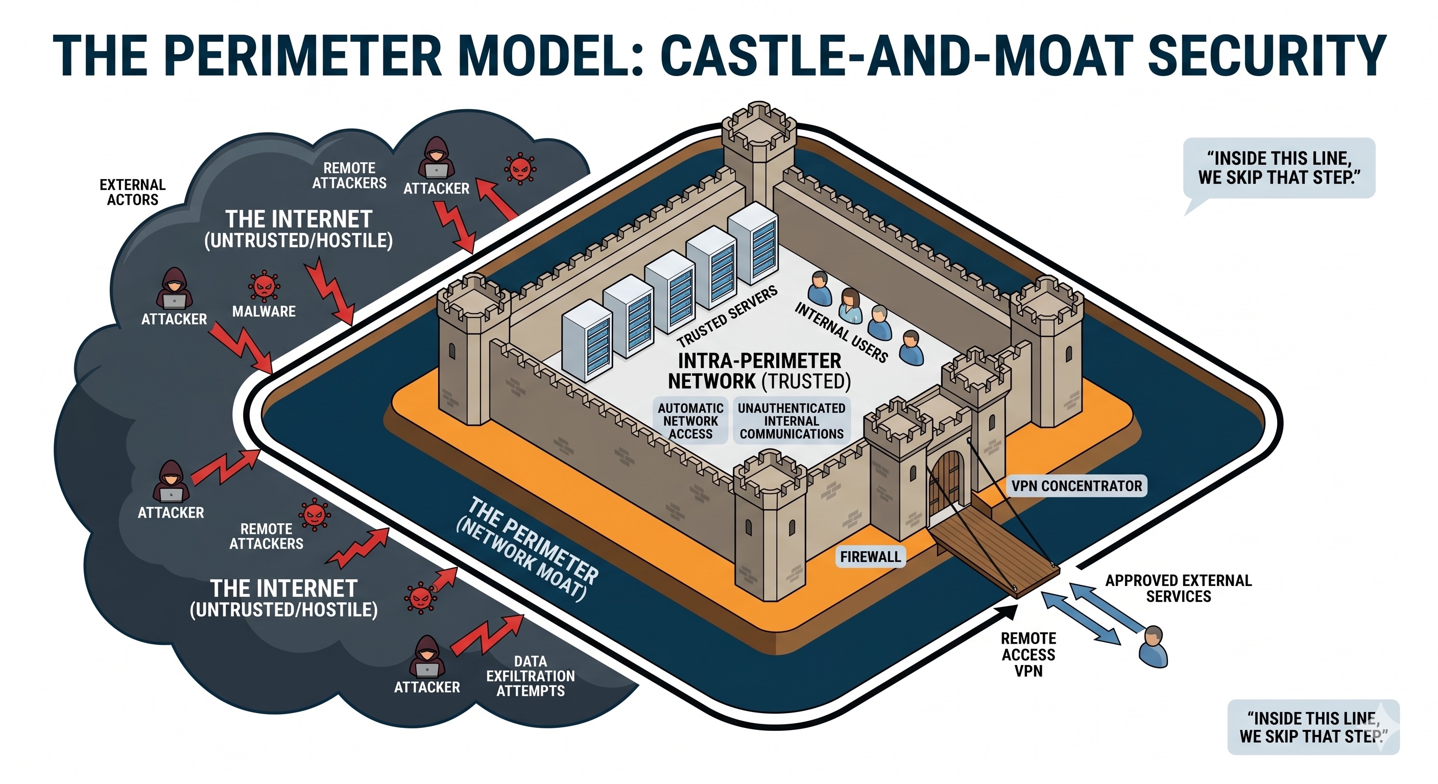 Diagram showing the classic castle-and-moat security model with trusted servers inside a perimeter and hostile internet outside