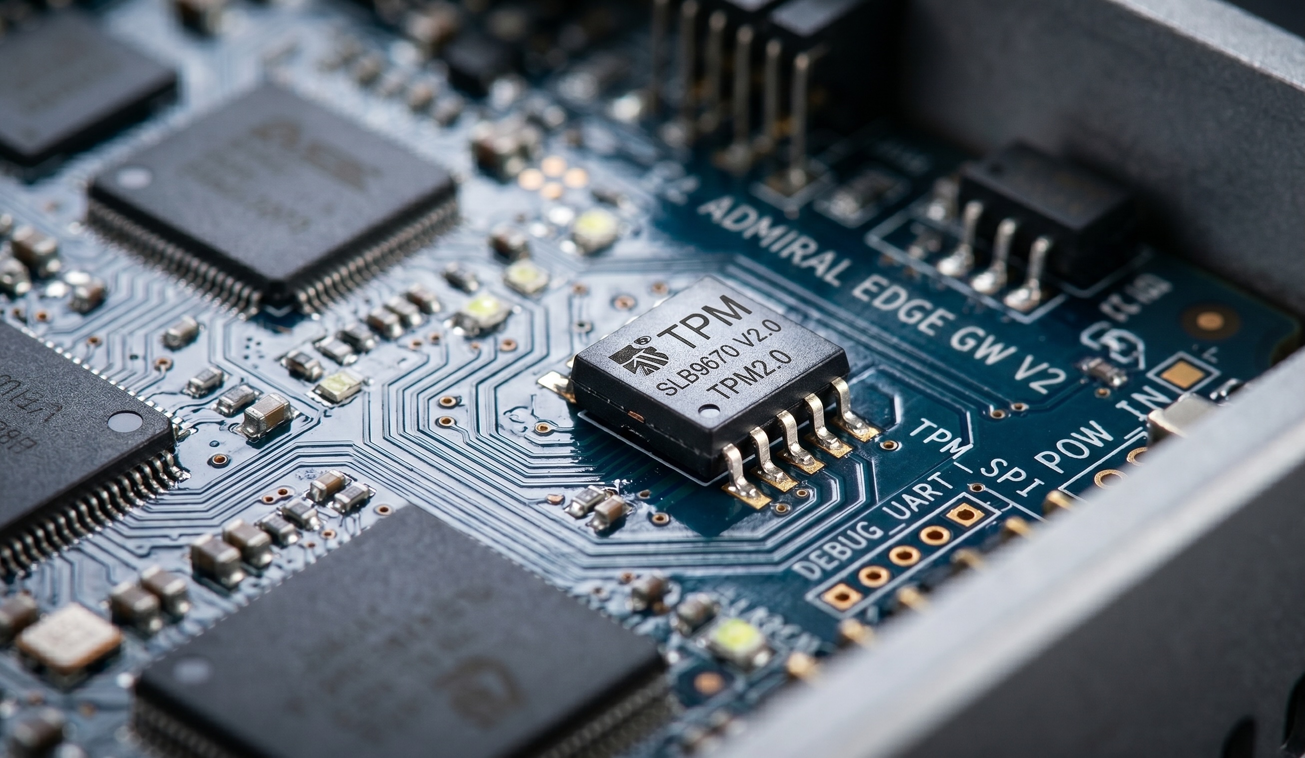 Macro photograph of a TPM secure element on an edge device circuit board