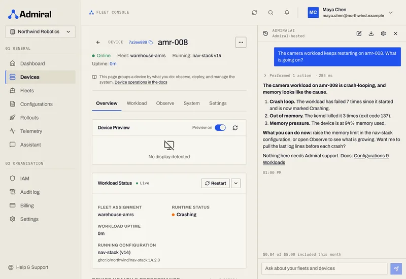 AdmiralAI panel answering a device troubleshooting question with ranked findings and a docs link