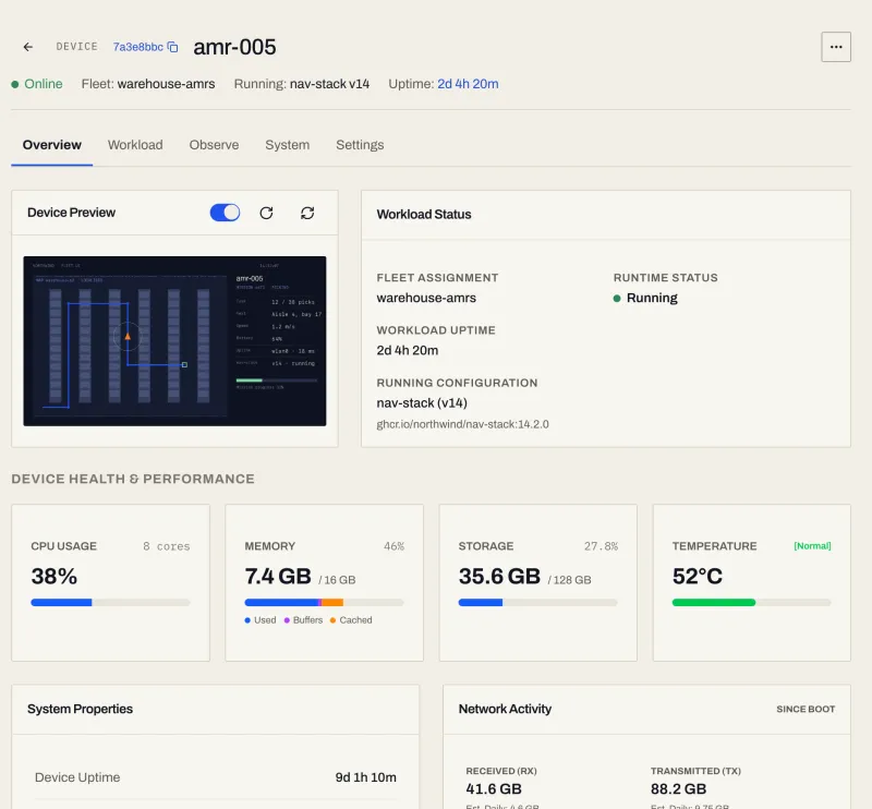 Admiral console device page for amr-005: online, running nav-stack v14, live screen preview, CPU, memory, storage and temperature